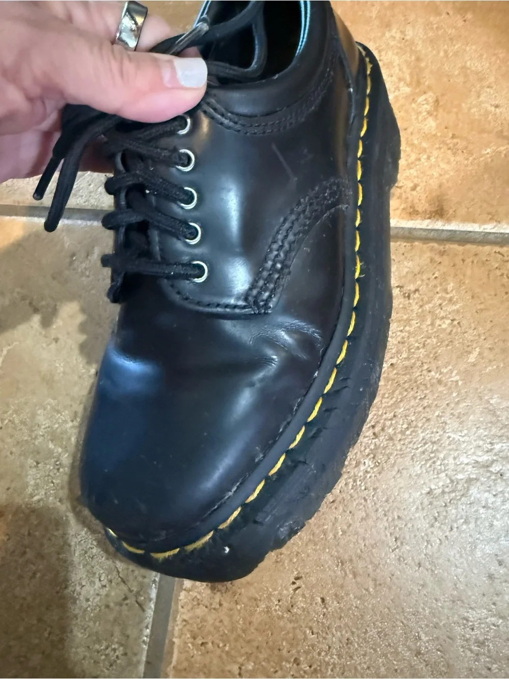 Dr. Martens Black Leather Lace-Up Shoes with Yellow Stitching